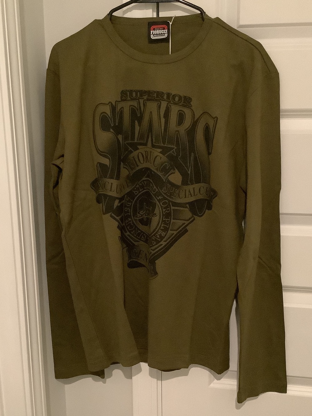 Fiorucci Olive Green Long Sleeve Graphic Tee with Black Print, Brand New
